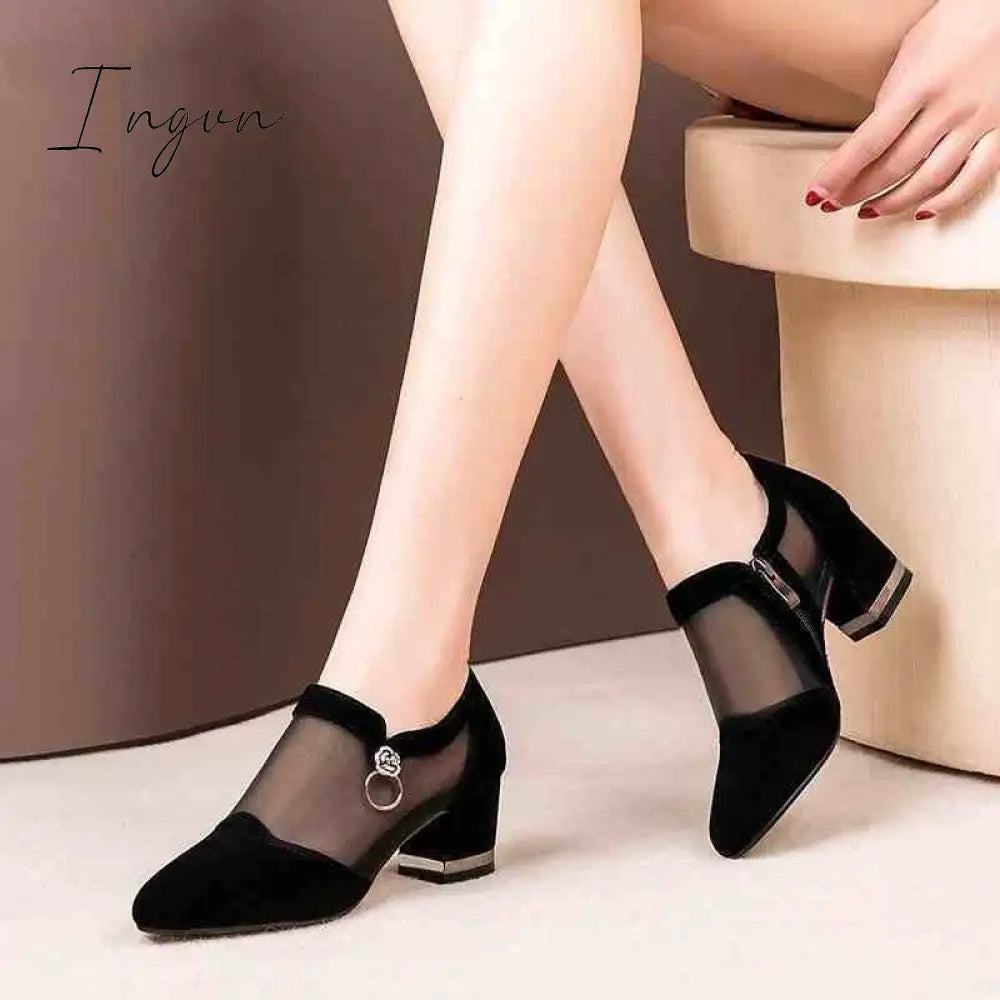 Ingvn - 2024 Women High Heel Shoes Mesh Breathable Pumps Zip Pointed Toe Thick Heels Fashion Female Dress Shoes Elegant Footwear
