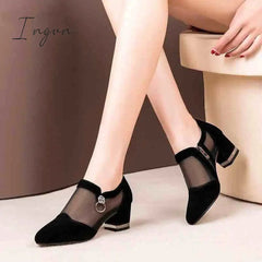 Ingvn - 2024 Women High Heel Shoes Mesh Breathable Pumps Zip Pointed Toe Thick Heels Fashion Female Dress Shoes Elegant Footwear
