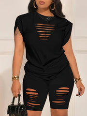 Solid Ripped Two-piece Set, Crew Neck Short Sleeve Tee & Slim Shorts Outfits, Women's Clothing