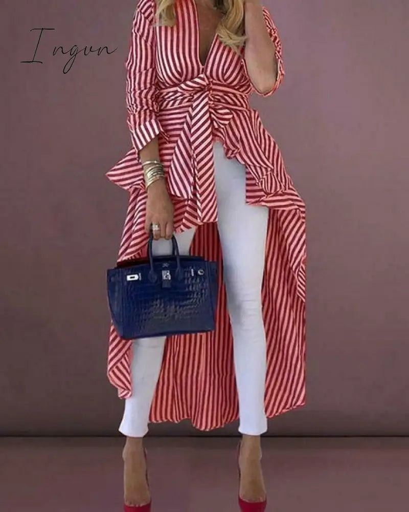 Ingvn - High Street Women Stripe Shirts Long Sleeve V-neck Loose Tops Blouse Striped Tied Front Dip Hem Shirt With Belt Long Shirts