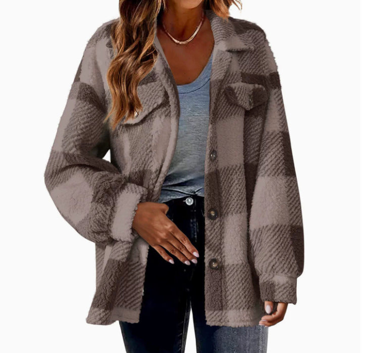 Autumn and Winter Open Button Lapel Plush Plaid Coat Plaid Pattern Button Front Jacket Warm