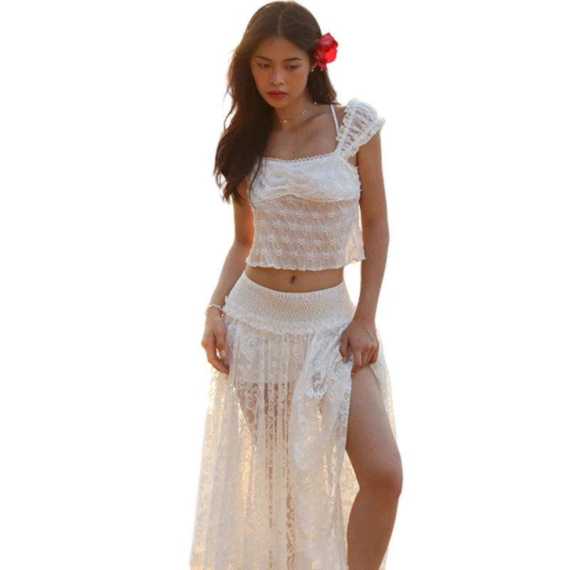 Patchwork 2-Piece Set Jacquard Women Lace Bandage Mini t-Shirt+High Slits Skinny Skirt Elasticated Waist Matching Suits