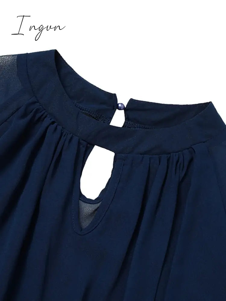 Ingvn - Jumpsuits for Women Summer Dressy Solid Color Round Neck Elegant Daily Vacation Straight Regular Fit Half Sleeve Navy Blue 3XL Spring Fall