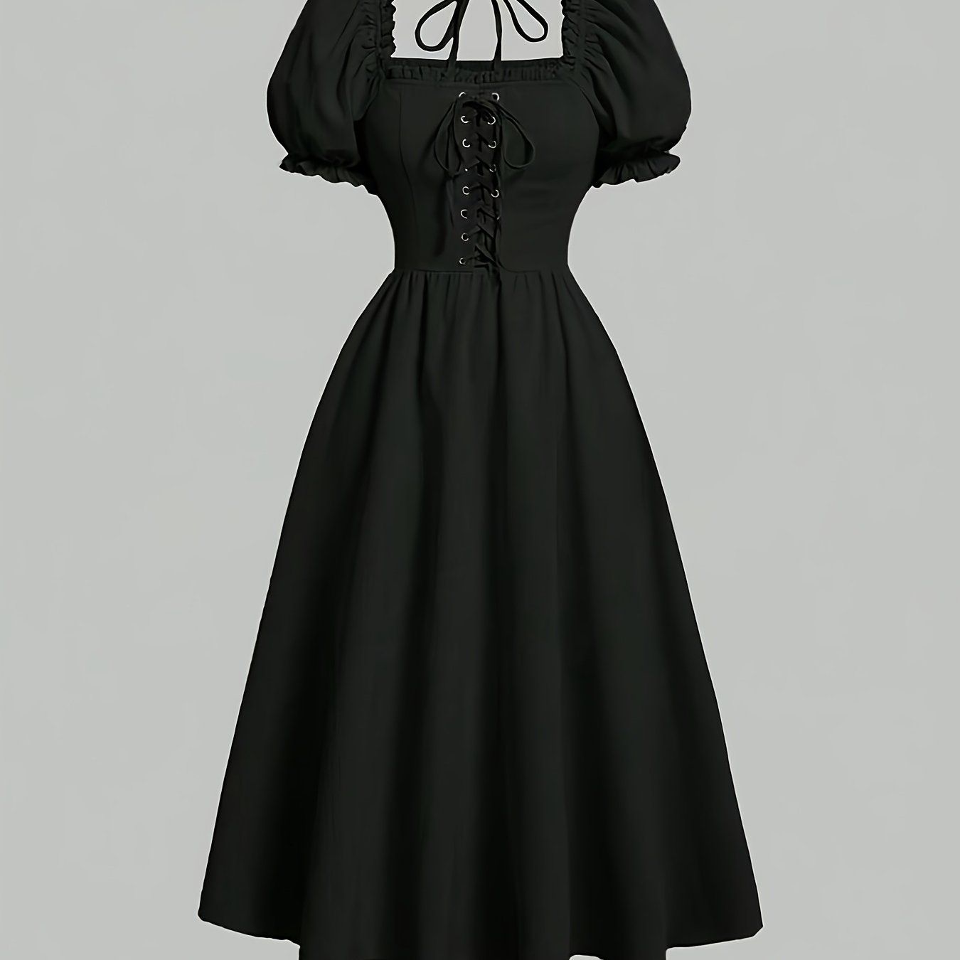 Elegant Square Neck Polyester Dress with Puff Sleeves, Drawstring Detail, Peplum Hem, Slight Stretch Woven Fabric for Spring/Fall - Solid Color