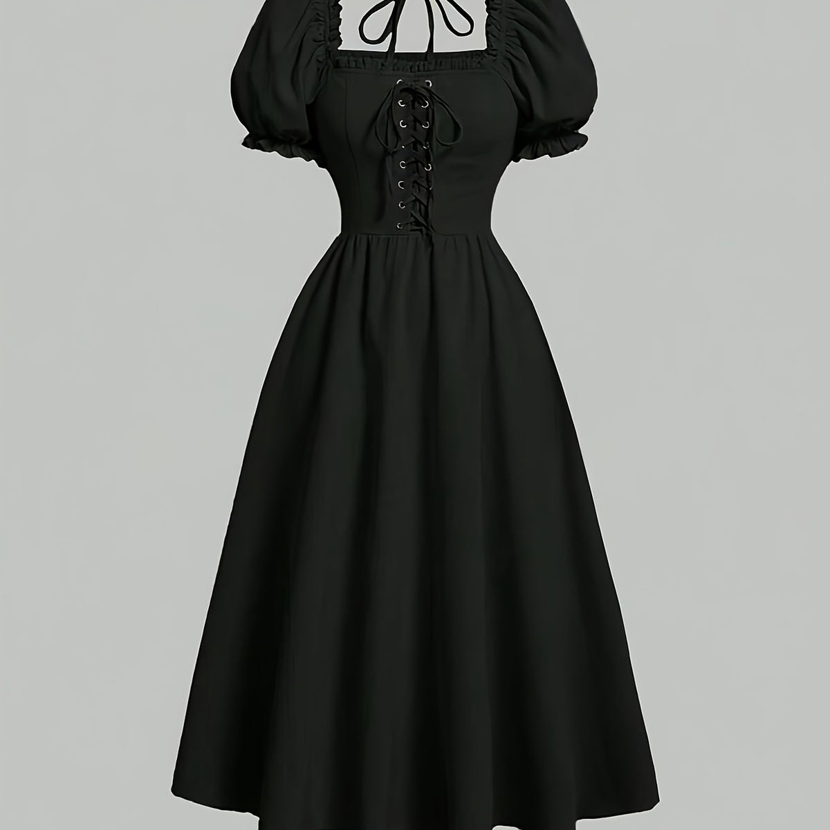 Elegant Square Neck Polyester Dress with Puff Sleeves, Drawstring Detail, Peplum Hem, Slight Stretch Woven Fabric for Spring/Fall - Solid Color