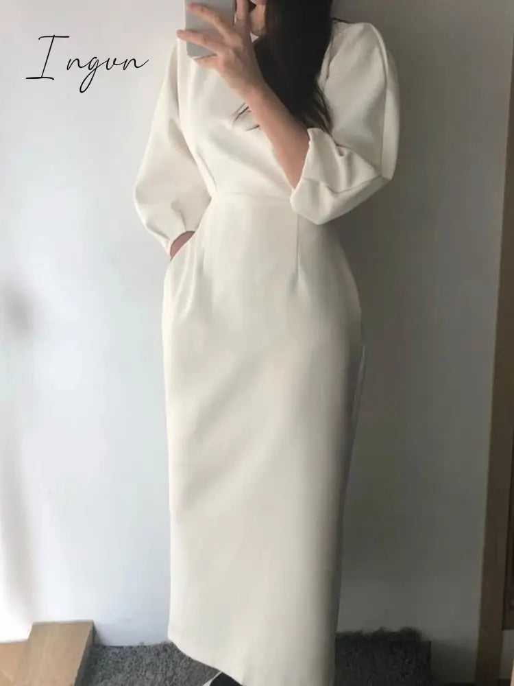 Ingvn - Spring Summer Elegant Business Midi Women White Dress Bat Sleeve Workwear Bodycon Slim Black Vestidos Female Fashion Clothes New