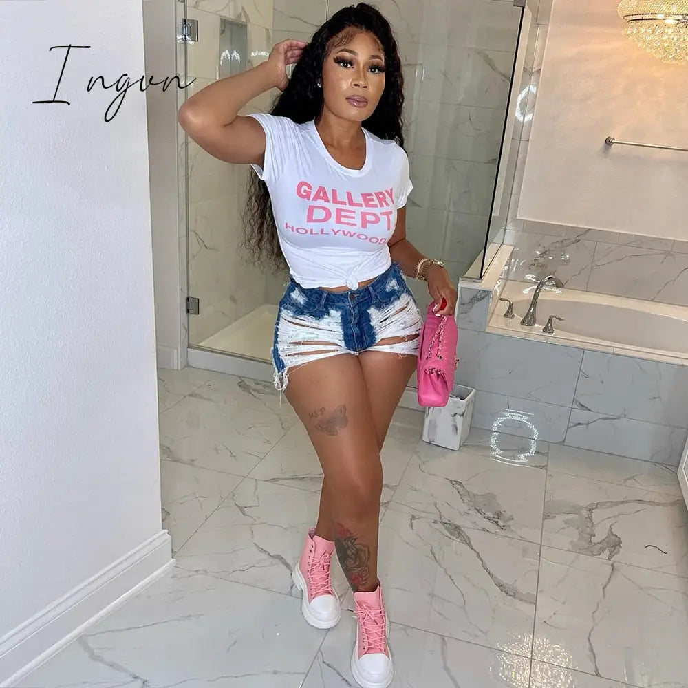 Ingvn - Y2K White Crop T Shirt Women Letter Print O-Neck Short Sleeve Casual Crop Tops Fashion Cute Streetwear Summer Slim Tees