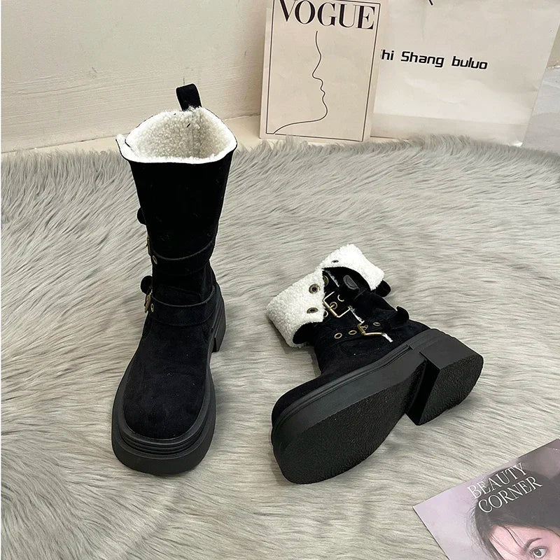 Ingvn  Winter Warm Cotton Women Modern Boots Fashion Slip On Short Booties Concise Square Heels Shoes