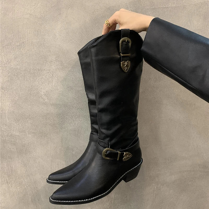 Ingvn  Vintage Pointed Toe Women Western Cowgirl Boots Fashion Elegant Belt Buckle Shoes Square Heels Ladies Knight Long Shoes