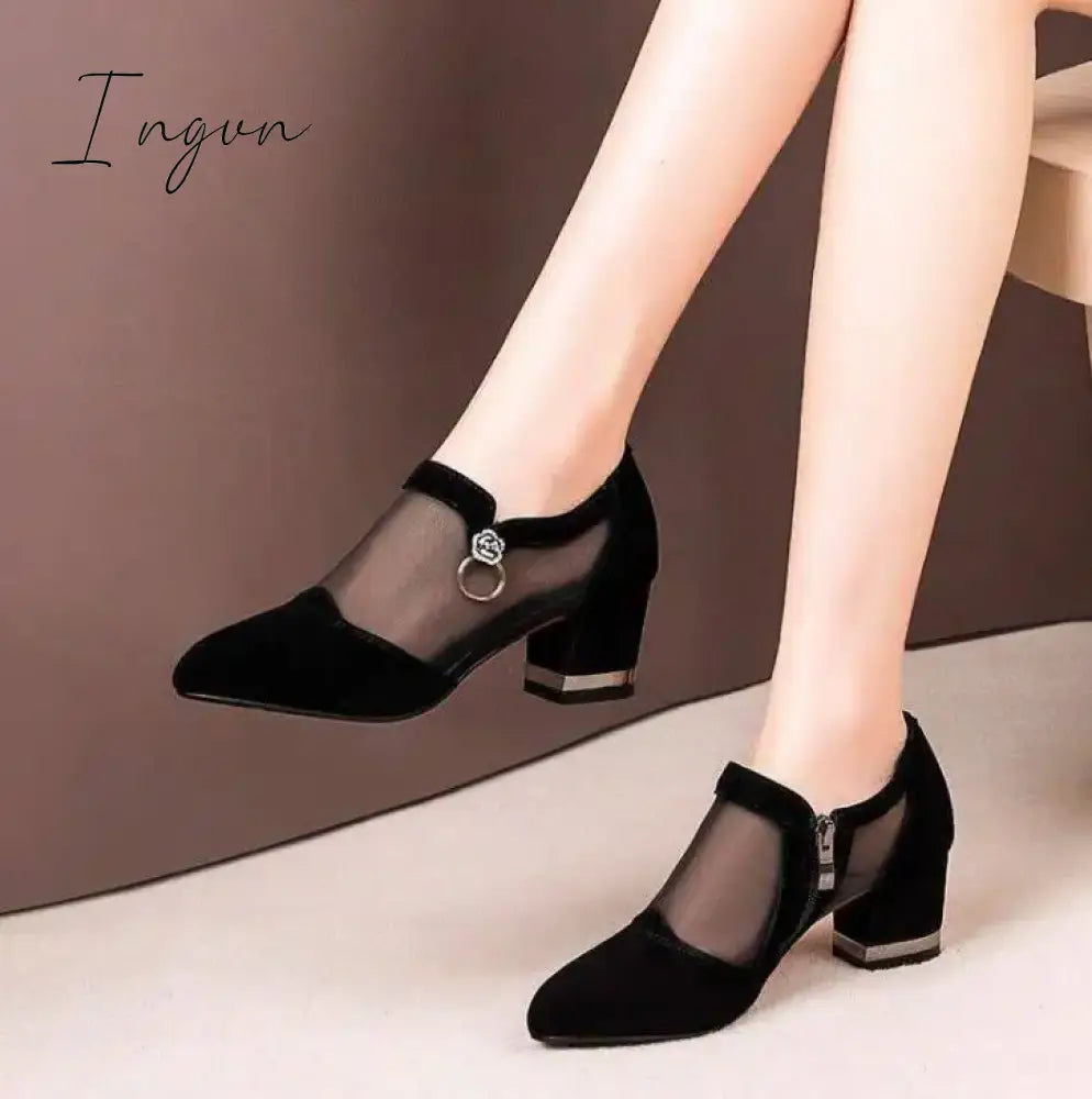 Ingvn - 2024 Women High Heel Shoes Mesh Breathable Pumps Zip Pointed Toe Thick Heels Fashion Female Dress Shoes Elegant Footwear
