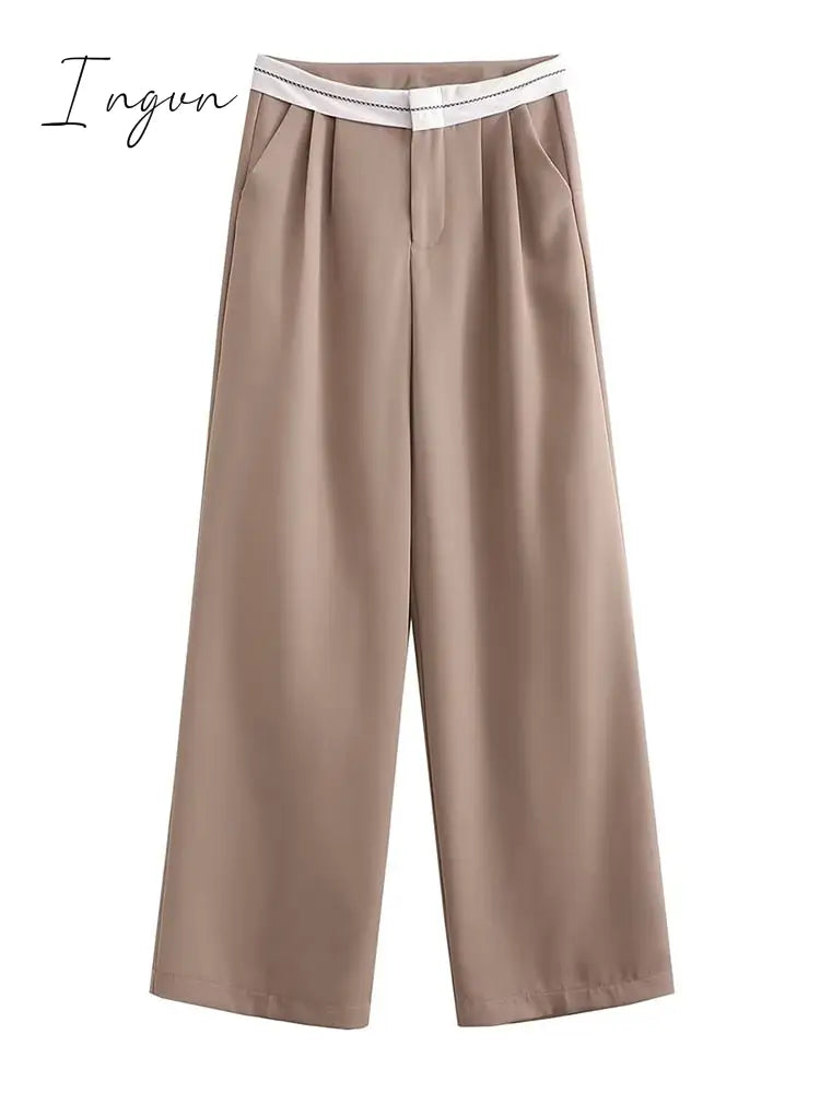 Ingvn - 2023 Women Fashion Side Pockets Patchwork Straight Pants Vintage High Waist Zipper Fly Female Casual Trousers Mujer