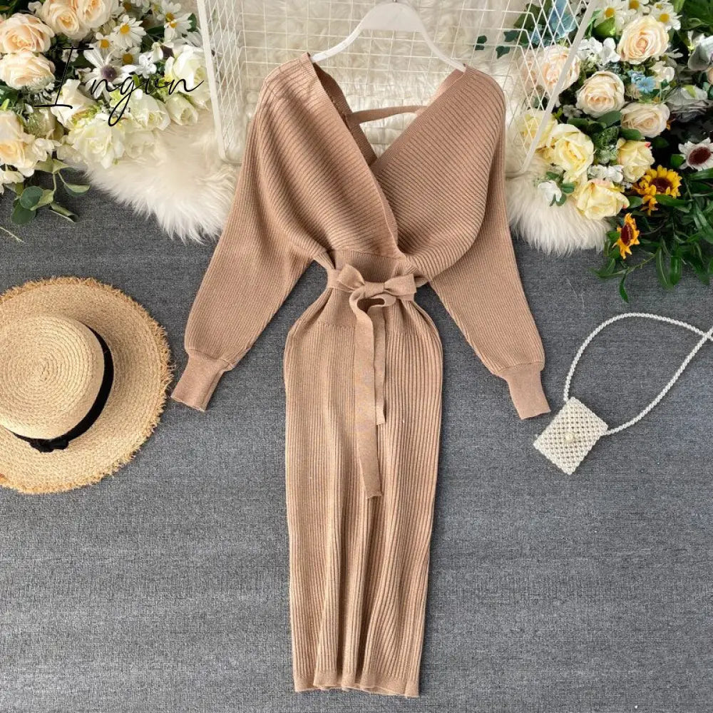 Ingvn - Women Shiny Knitted Dress Sexy V Neck Puff Sleeve Elastic Sheath Knitting Dress Autumn Solid Bow Sashes Pencil Dress