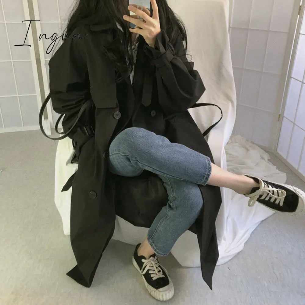 Ingvn - Chic Women Trench Coat Casual Women's Long Outerwear Loose Overcoat Autumn Winter Fashion Double-breasted Windbreaker Femme