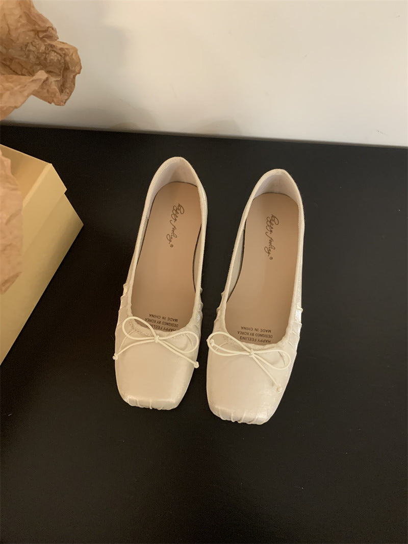 Vintage Late Night Style Bow Shoes Women's New Flat Sparkling Red Wedding Shoes Square Toe Pleated Milk Shoes