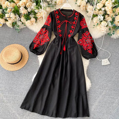Ingvn - Women Autumn Dresses Bohemian Embroidered Flower O-Neck Lantern Sleeve High Waist Pleated Dress All-match Female Vestidos GK393
