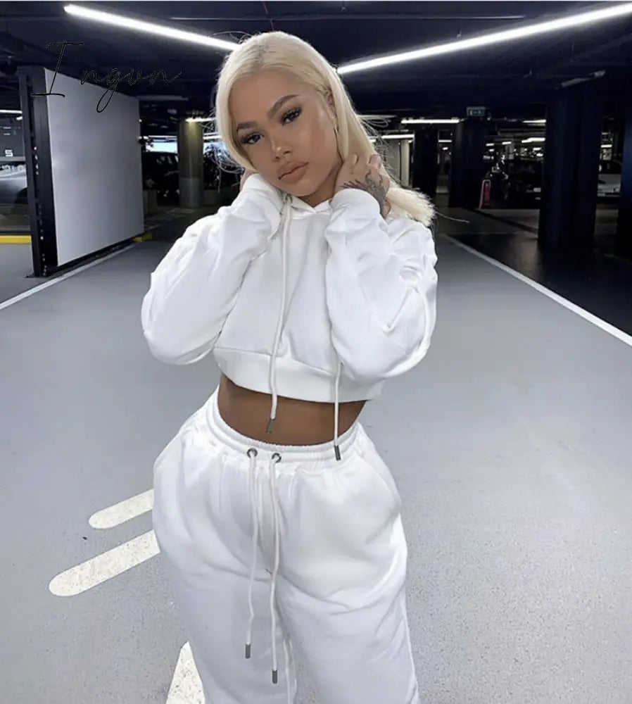 Ingvn - Tracksuit Women Two Piece Set Spring Clothes Solid Hooded Fleece Sweatshirt Crop Top and Pants Sport Jogging Suit Female Outfits