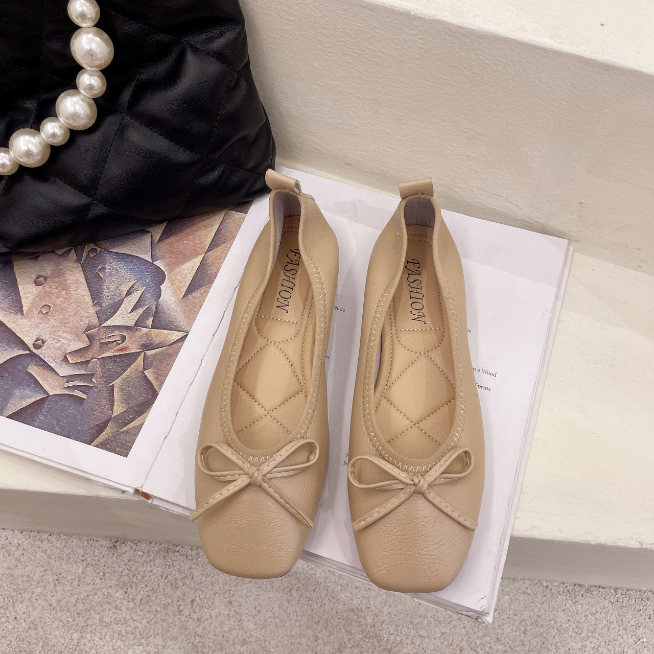 Women's bow flat shoes spring and autumn Korean style elegant shallow mouth square toe outer wear fairy style peas shoes