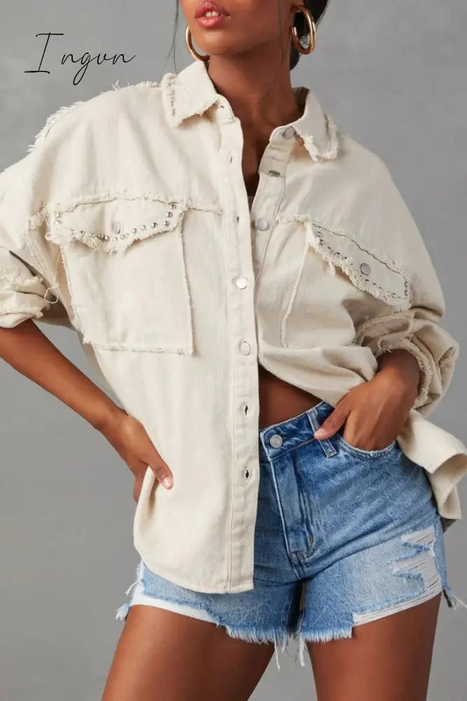 Ingvn - Casual Solid Patchwork Turndown Collar Long Sleeve Regular Denim Jacket