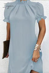Ingvn - Casual Simplicity Solid Fold Lotus Leaf Collar A Line Dresses