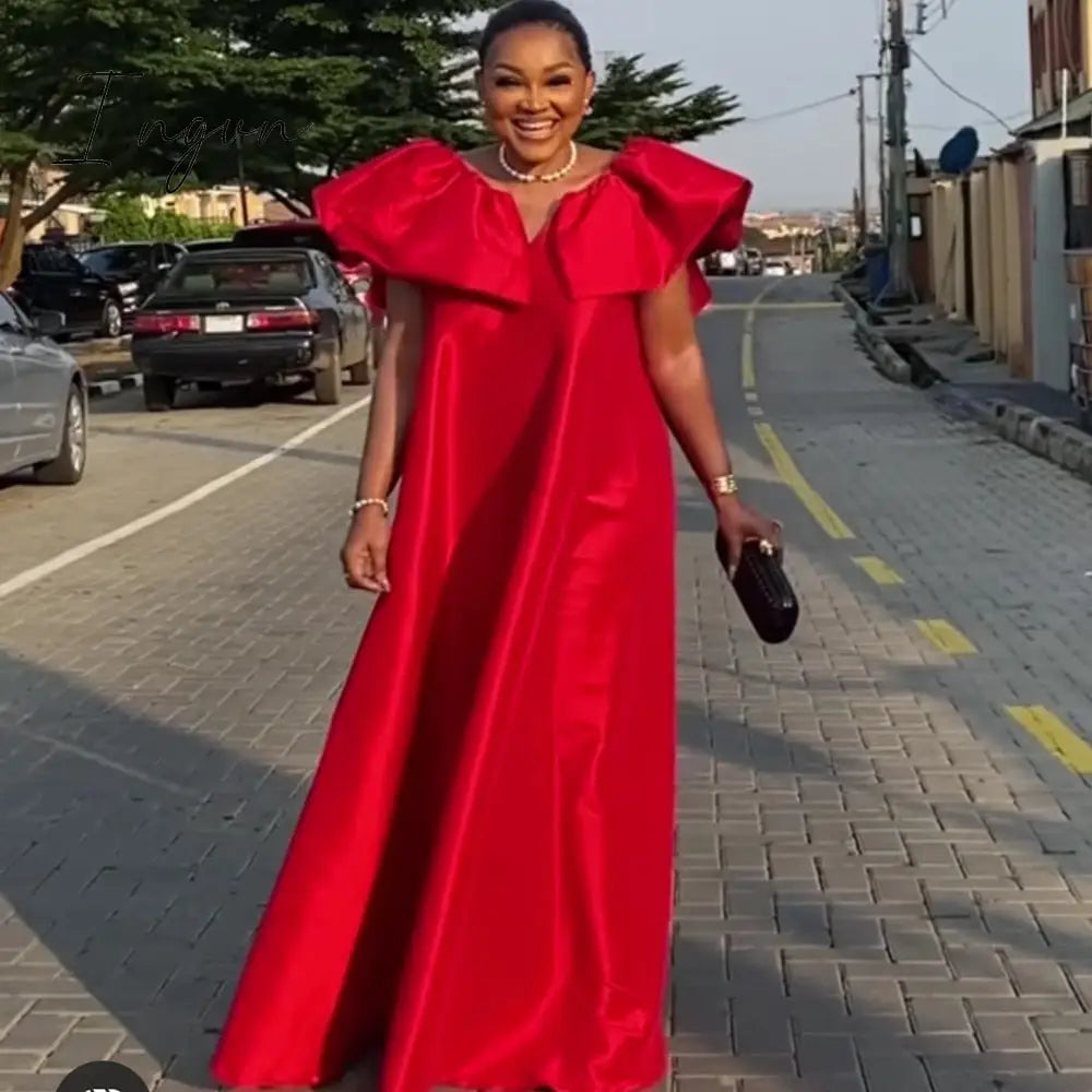 Ingvn - Women Maxi Shift Dress Oversized Loose Casual Sparkly Robe Puff Cap Sleeve V Back Red Modest Party Club Christmas Long Gown 4XL
