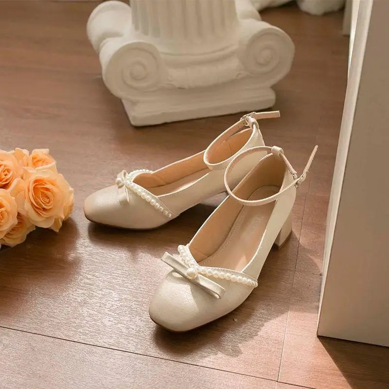Ingvn  Ladies Summer Footwear with Bow Shoes for Women  Japanese Style Lolita Mary Jane Square Toe Gothic Pearl Medium Heels 39 A E
