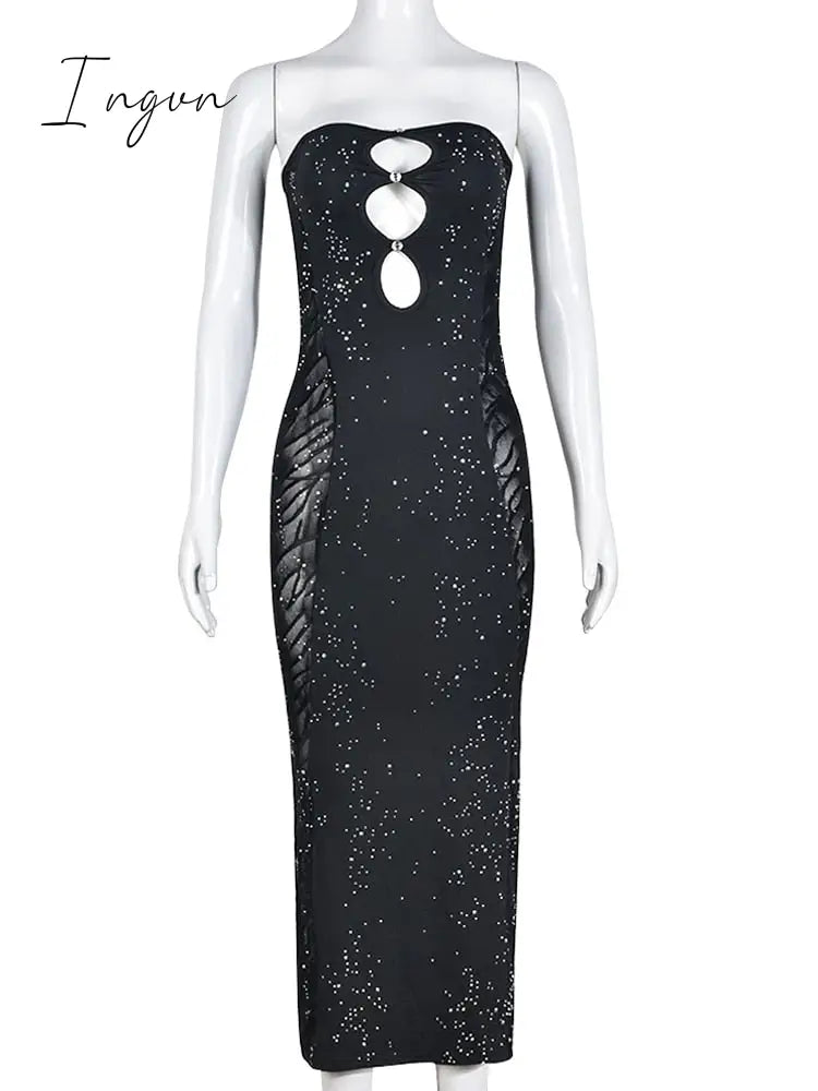 Ingvn - Sexy Strapless Backless Cut Out Midi Dress Women Sleeveless Glitter Slim Fit Robe 2023 Spring Fall Harajuku Fairy Grunge Clothes