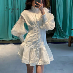 Ingvn - High-end Custom Fashion runway Dresses Stereoscopic cut slender button with bubble sleeves ladies dress