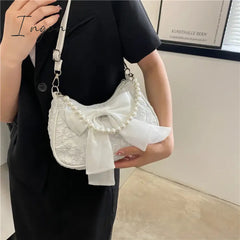 Ingvn - Pearl Female Bag Retro Luxury Designer Handbag Bow Crossbody Bags Fashion Canvas Women's 2024 Trend Shoulder bag Purses