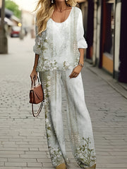 Elegant Plus Size Women's Outfit - Floral Print Long Sleeve Round Neck Top & Pants Set, Stretchy Polyester Blend