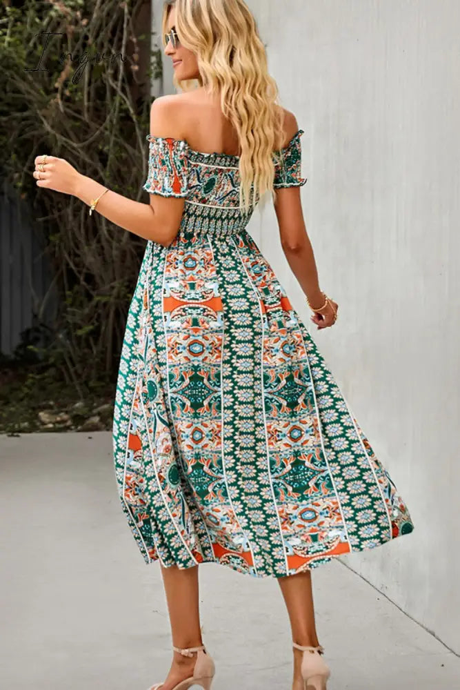 Ingvn - Bohemian Off-Shoulder Frill Trim Split Dress