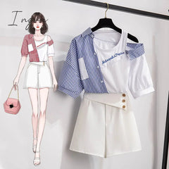 Ingvn - 2 pieces shorts sets summer Sweet Korean off shoulder striped patchwork tops and shorts 2 pieces sets women two pieces outfits