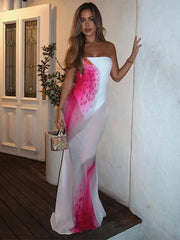 Mesh Floral Print Sexy Maxi Dress For Women Gown Off-shoulder Strapless Sleeveless Backless Bodycon Club Long Dress