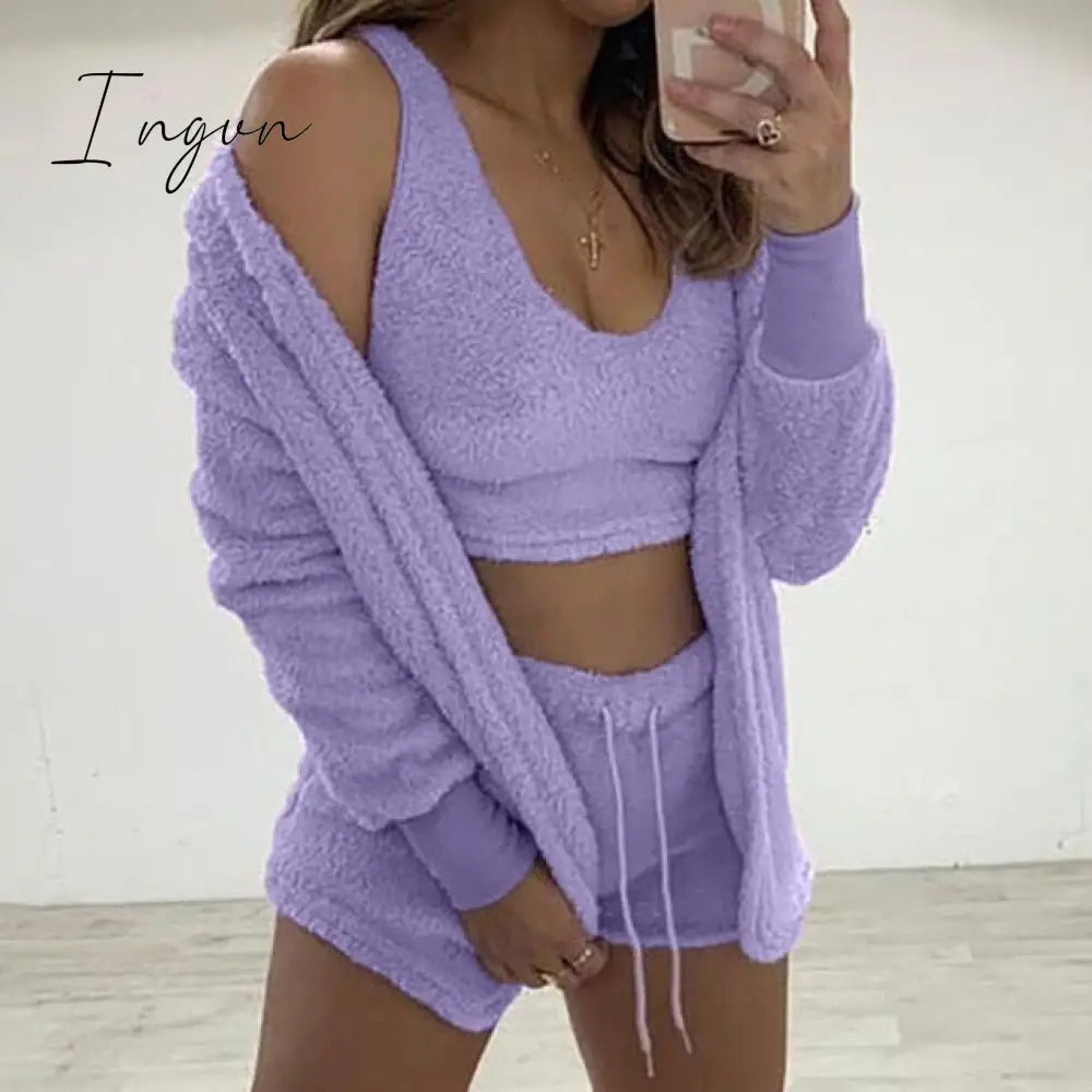 Ingvn - Three Piece Sexy Fluffy Outfits Plush Velvet Hooded Cardigan Coat+Shorts+Crop Top Women Tracksuit Sets Casual Sports Sweatshirt