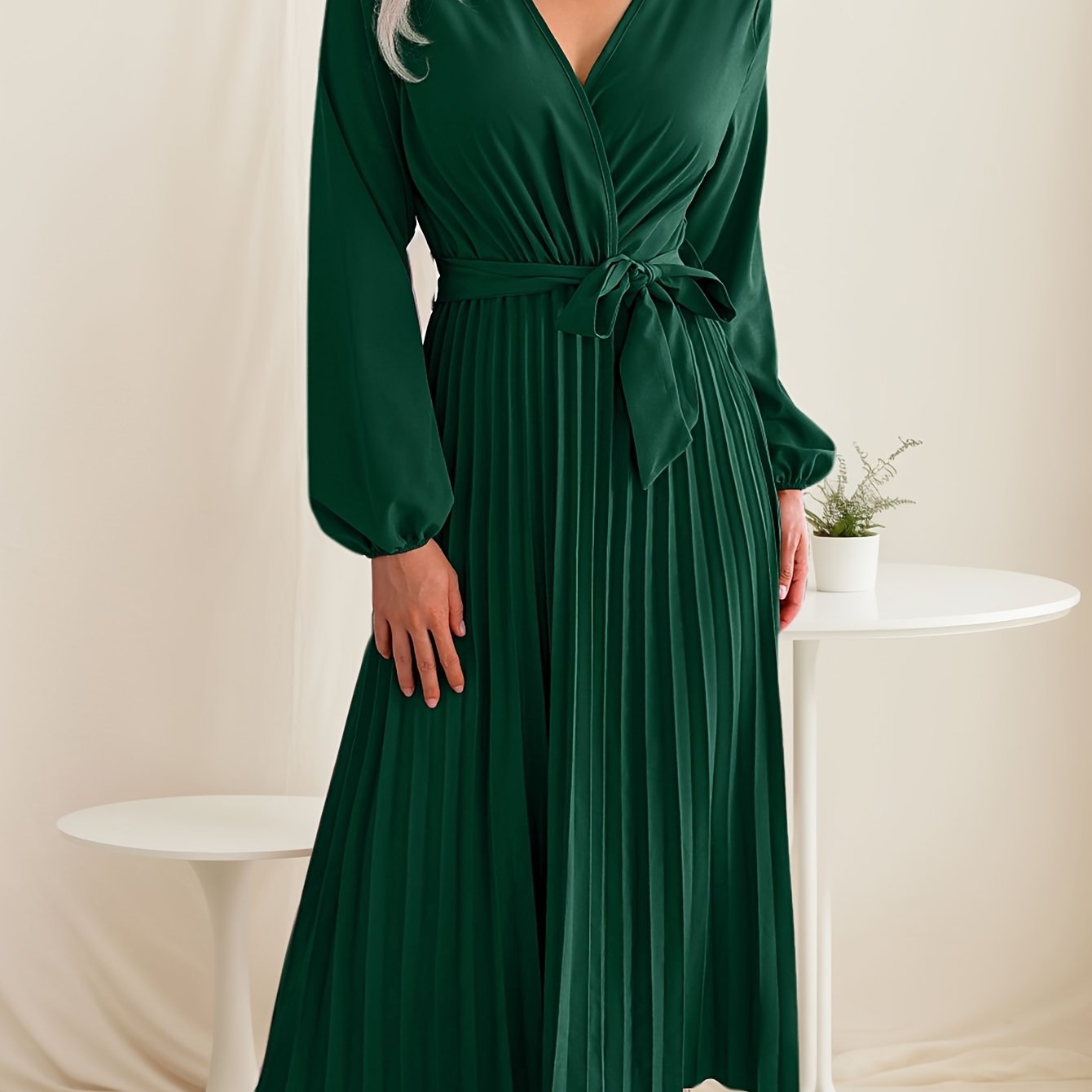 Womens Wrap Tie Dress Casual Fall V Neck Pleated Long Sleeve Solid Flowy Dress For Party Wedding Guest
