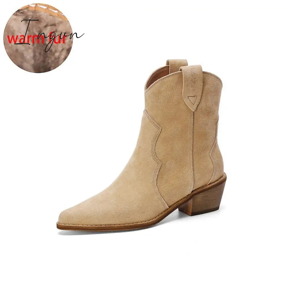 Ingvn - Winter Classic Chelsea Boots for Woman Cow Suede Pointy toe Wedge Heel Ankle Boots Simple Comfortable Cowboy Boots Female