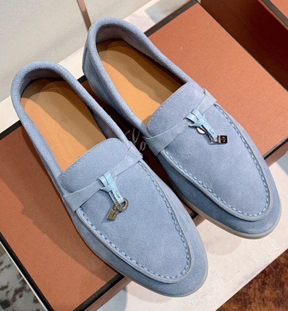 Trend New Kidsuede Women Flat Shoes Lazy Slip-on Metal Loafers Lady Casual Walk Shoes Woman Single Shoes Summer Real Leather