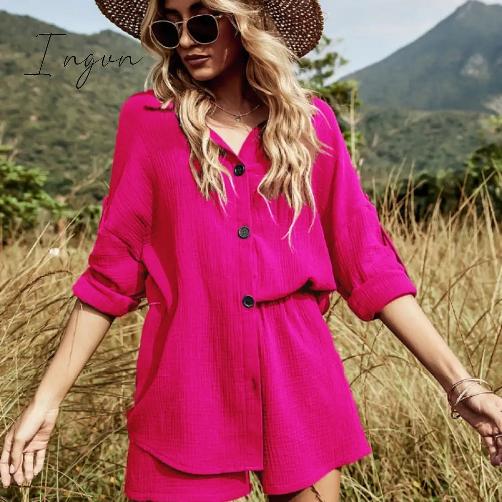 Ingvn - 2023 New Summer Casual Button Rose Red Women's Sets Cotton Two Pieces Sets Women Long Sleeve White Shirt and Shorts Set Outfits