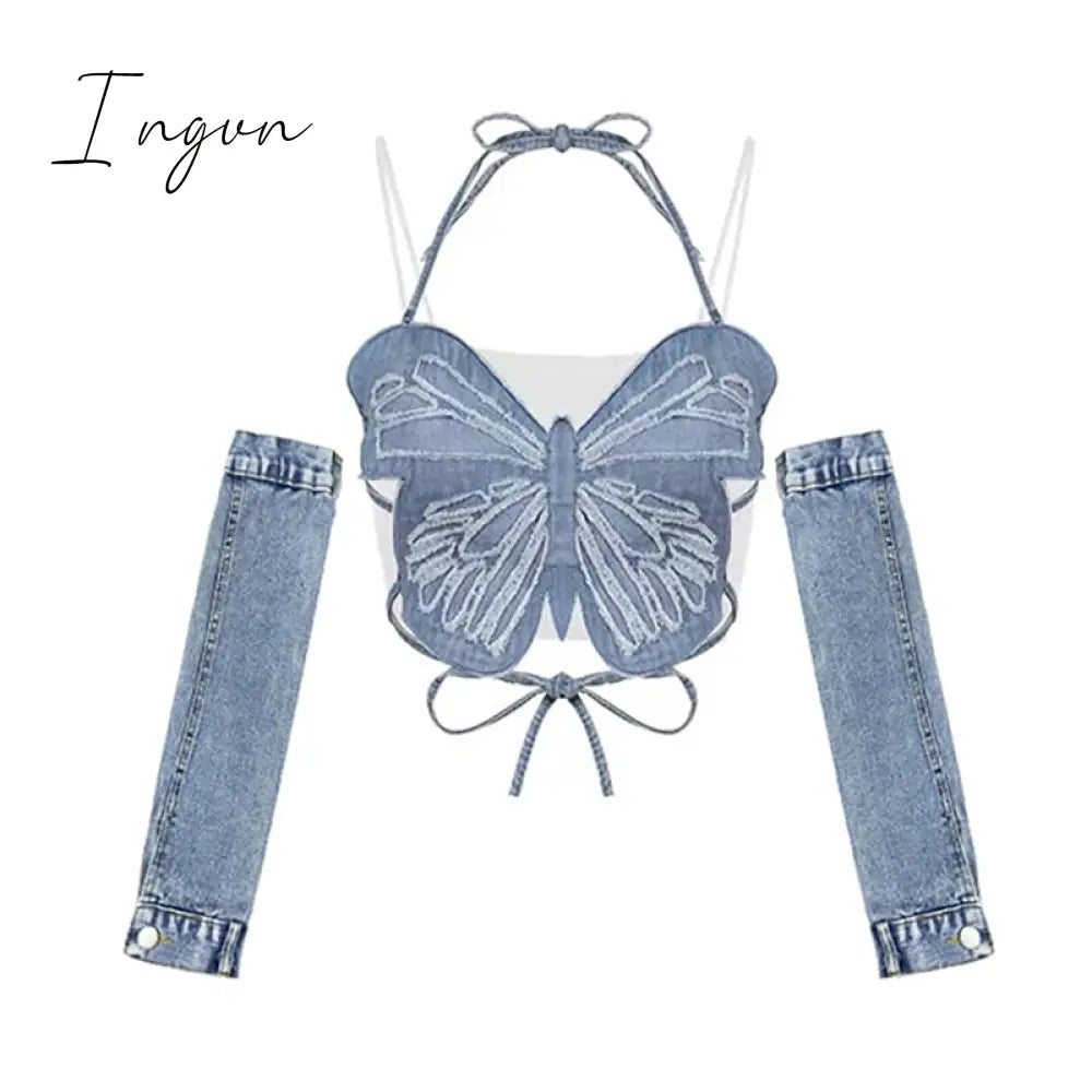 Ingvn - Women Sexy Crop Top Off Shoulder Removable Sleeves Y2k Tank Top 90s Vintage Streetwear Fashion Bandage Butterfly Tube Top Summer