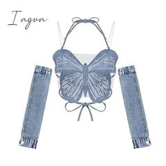 Ingvn - Women Sexy Crop Top Off Shoulder Removable Sleeves Y2k Tank Top 90s Vintage Streetwear Fashion Bandage Butterfly Tube Top Summer