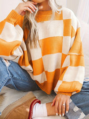 Cozy Plaid Crew Neck Sweater - Soft Micro Elasticity, Color Block Long Sleeve, Machine Washable - Casual Fall & Winter Fashion for Women