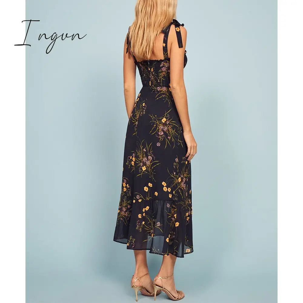 Ingvn - Dresses For Women Elegant Vintage Floral Dress Frill Sweetheart Neck Sleeveless Strap Tie Ruffle Hem Summer Beach Dress