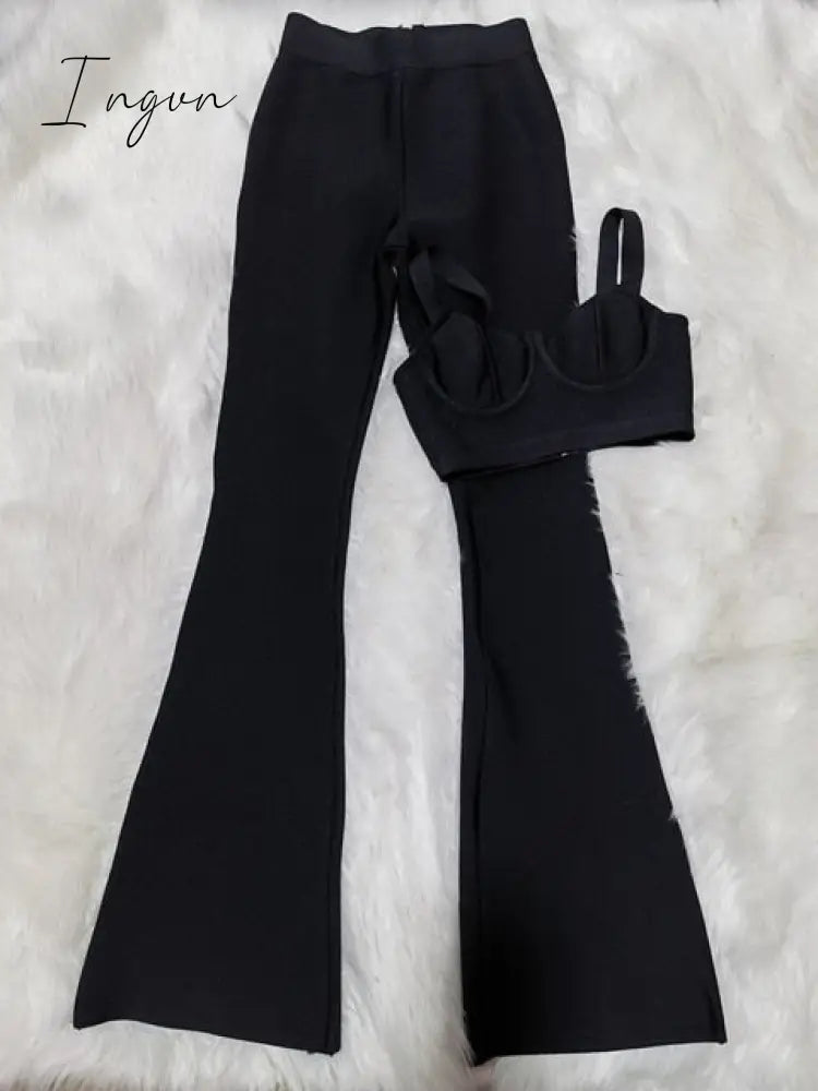 Ingvn - Summer New Women's Fashion Sexy Bandage 2 Two-piece Set Sleeveless Tight Short Top &  High Waist Flared Trousers Pants Set