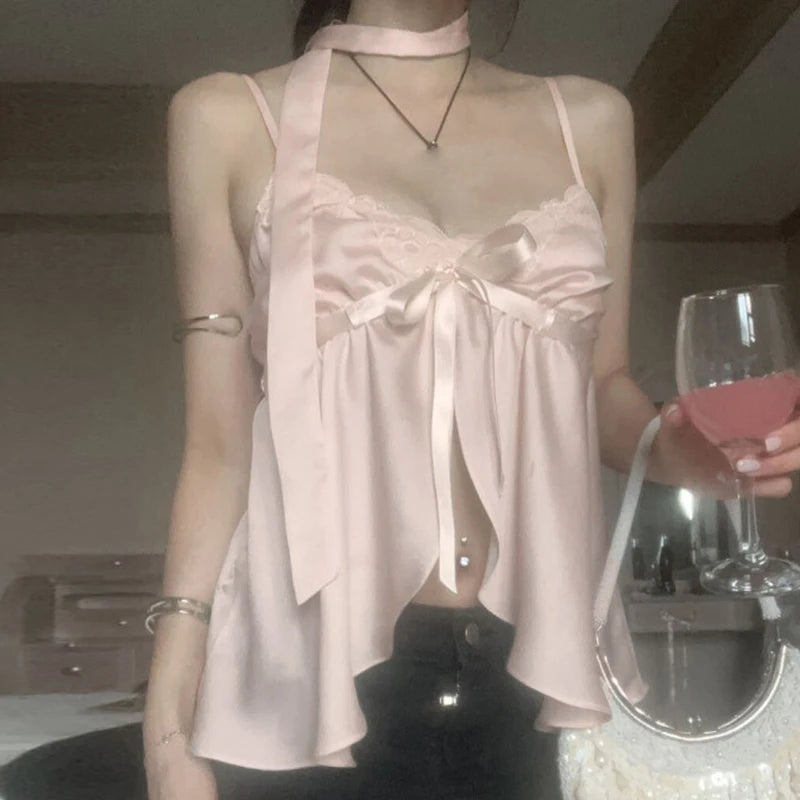 Kawaii Bandage Lace Pink Camisole Women Sexy Sweet Patchwork Satin Crop Tops with Slit Summer y2k Vintage Tank Tops Cute