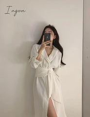 Ingvn - OL Gentle Minimalist Autumn Work Wear Lapel Elegant Lace Up Solid Brief Sexy Chic Loose Dresses Female Vestidos