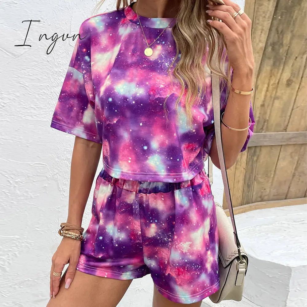 Ingvn - Tie Dye Round Neck Dropped Shoulder Half Sleeve Top and Shorts Set