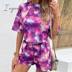 Ingvn - Tie Dye Round Neck Dropped Shoulder Half Sleeve Top and Shorts Set