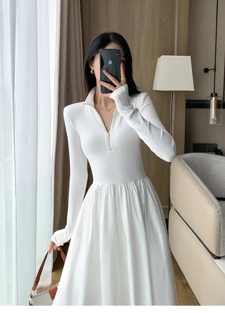Korean Vintage White Long Sleeve Knitted Midi Dresses for Women Autumn Casual Fashion Slim Elegant Party Female Clothing