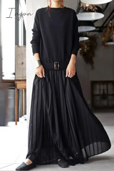 Ingvn - Casual Solid Patchwork Fold O Neck Long Sleeve Dresses