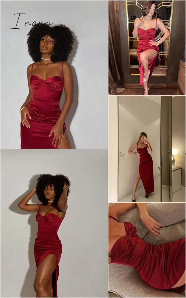 Ingvn - High Side Split Satin Dresses Women Spring Sexy Sleeveless Backless Party Outfit Solid Bodycon Black Evening Dress