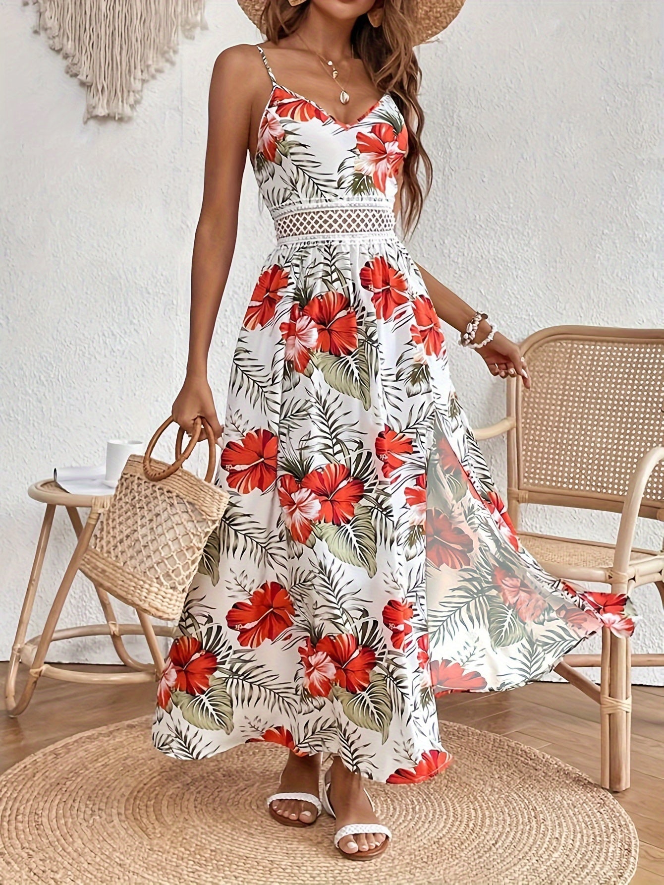 Womens Spring/Summer Chic Maxi Dress - Adjustable Spaghetti Straps, Floral Print, Elegant High Slit - Versatile Day-to-Night Wear